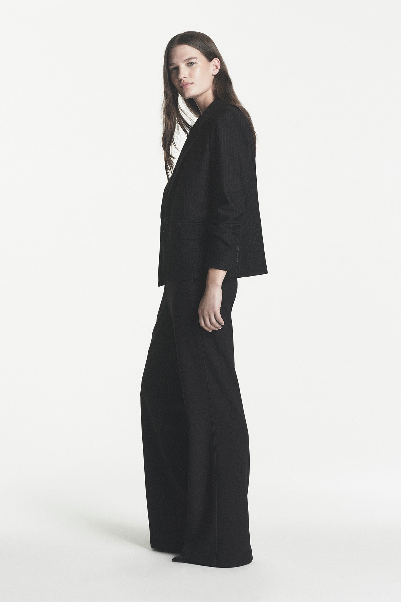 Pinstripe Ruched-Sleeve Blazer