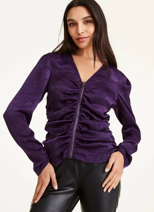 Puffed Long Sleeve V Neck Cowl Blouse With Front Zip