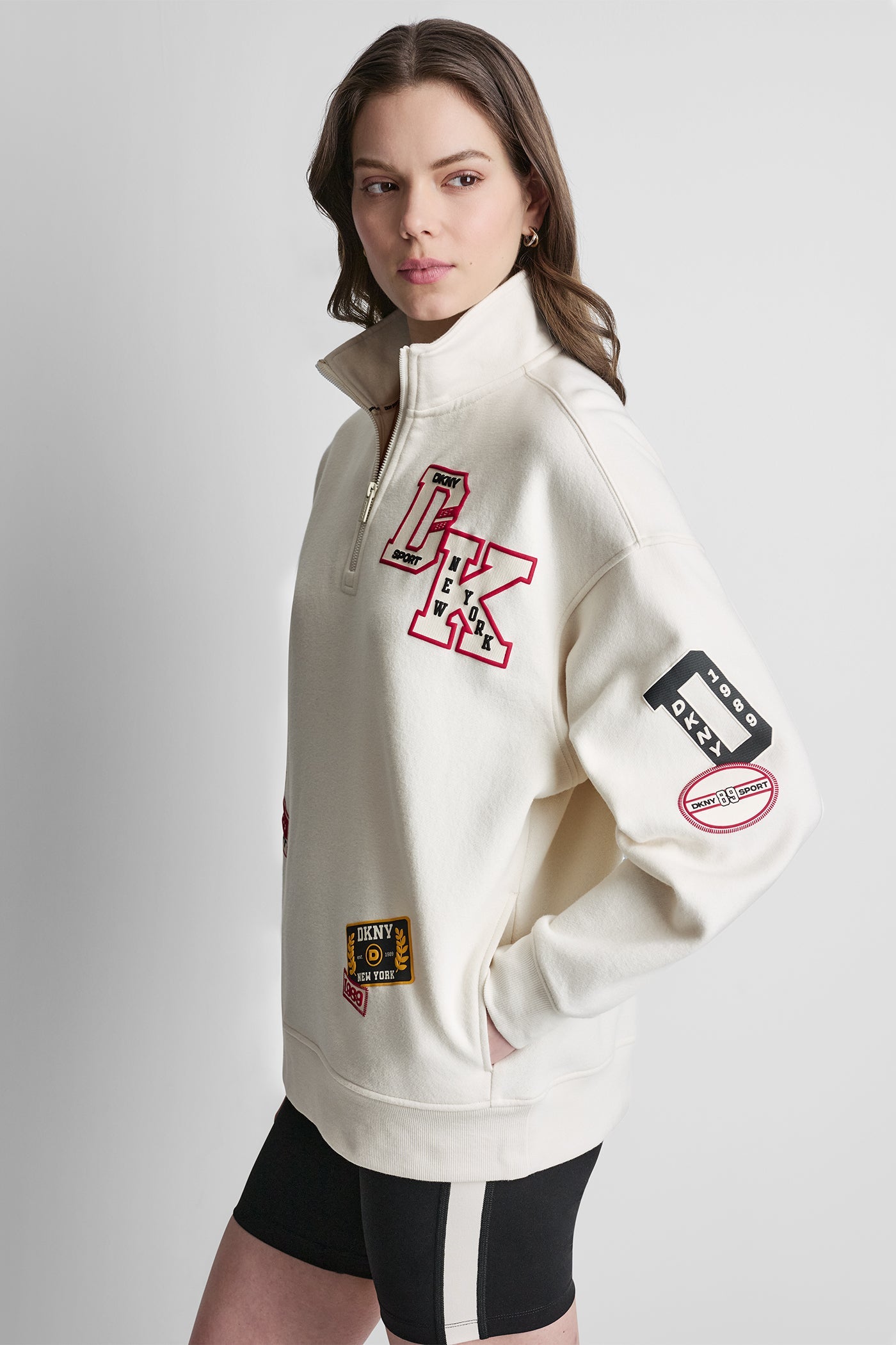 OVERSIZED COTTON-BLEND CAMPUS PATCH QUARTER-ZIP SWEATSHIRT