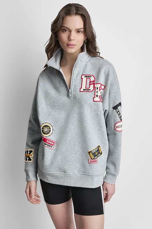 OVERSIZED COTTON-BLEND CAMPUS PATCH QUARTER-ZIP SWEATSHIRT