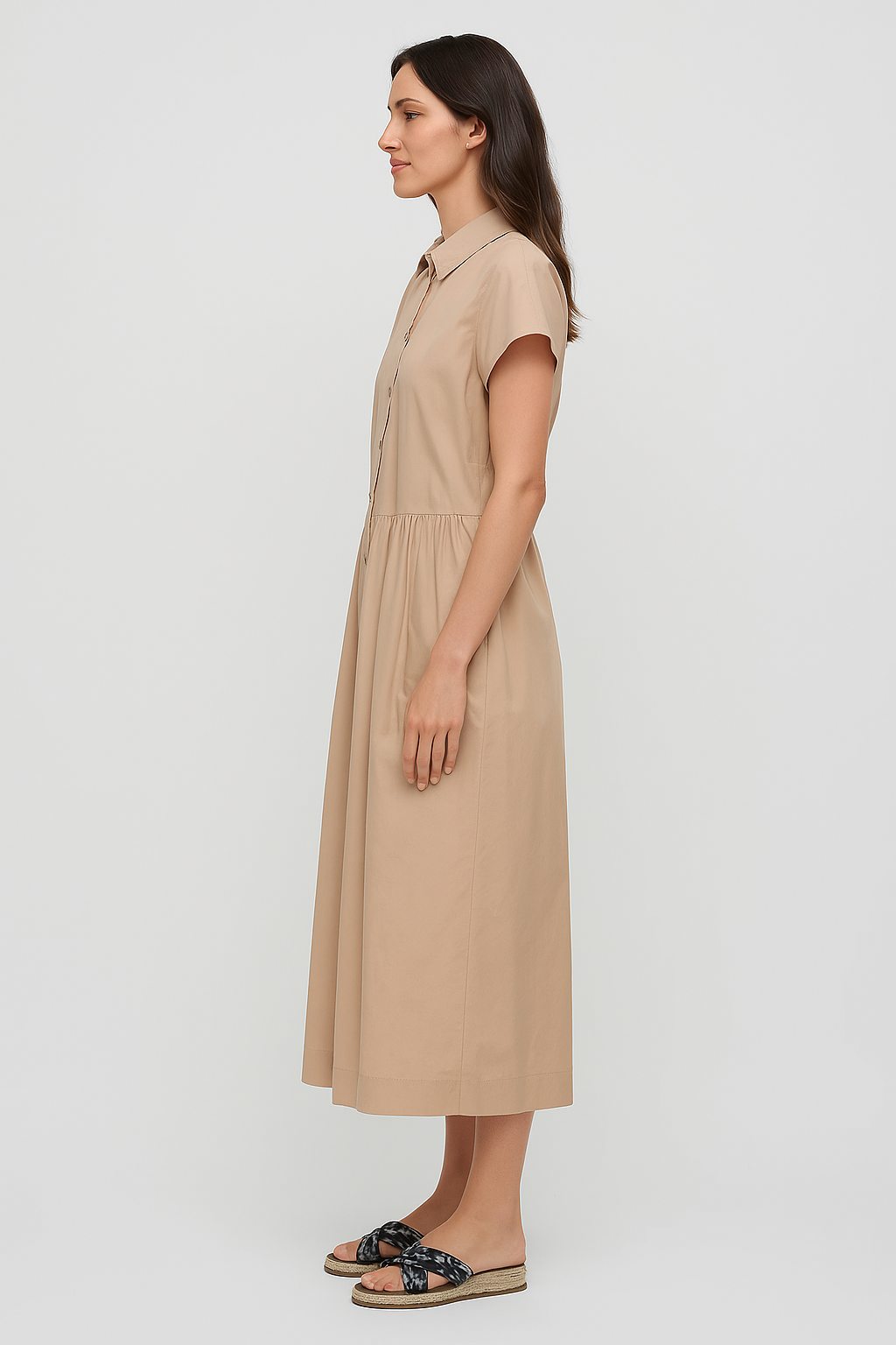 SHORT-SLEEVED BUTTON DOWN A-LINE DRESS