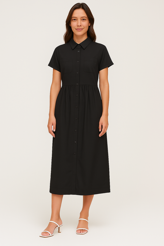 SHORT-SLEEVED BUTTON DOWN A-LINE DRESS