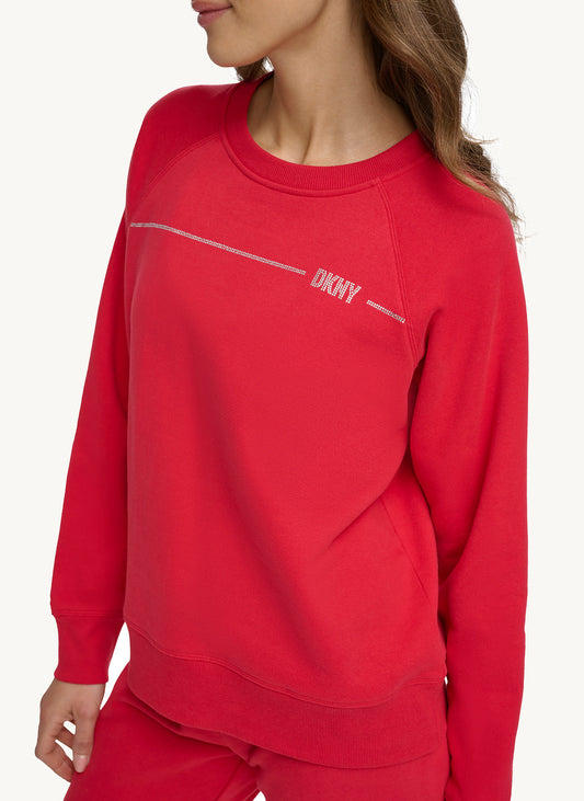 Long Sleeve Crew Neck Sweatshirt With Rhinestone Logo