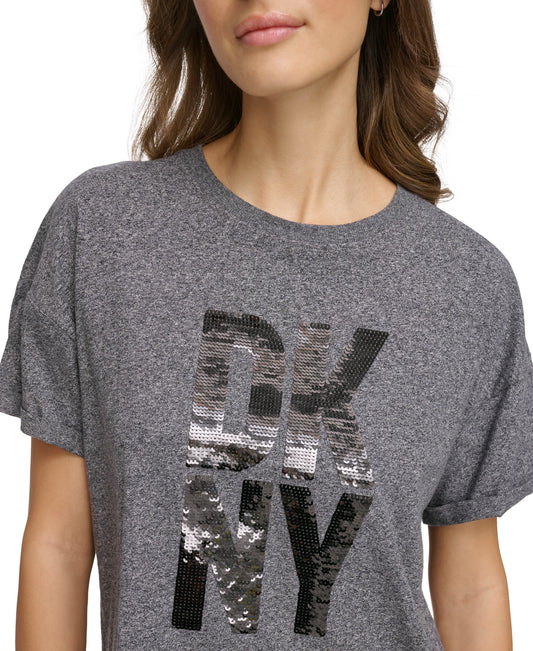 Small Sleeve Crew Neck Stacked Sequin Logo T-Shirt