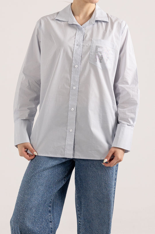 LONG SLEEVE BUTTON FRONT SHIRT WITH RHINESTONE LOGO