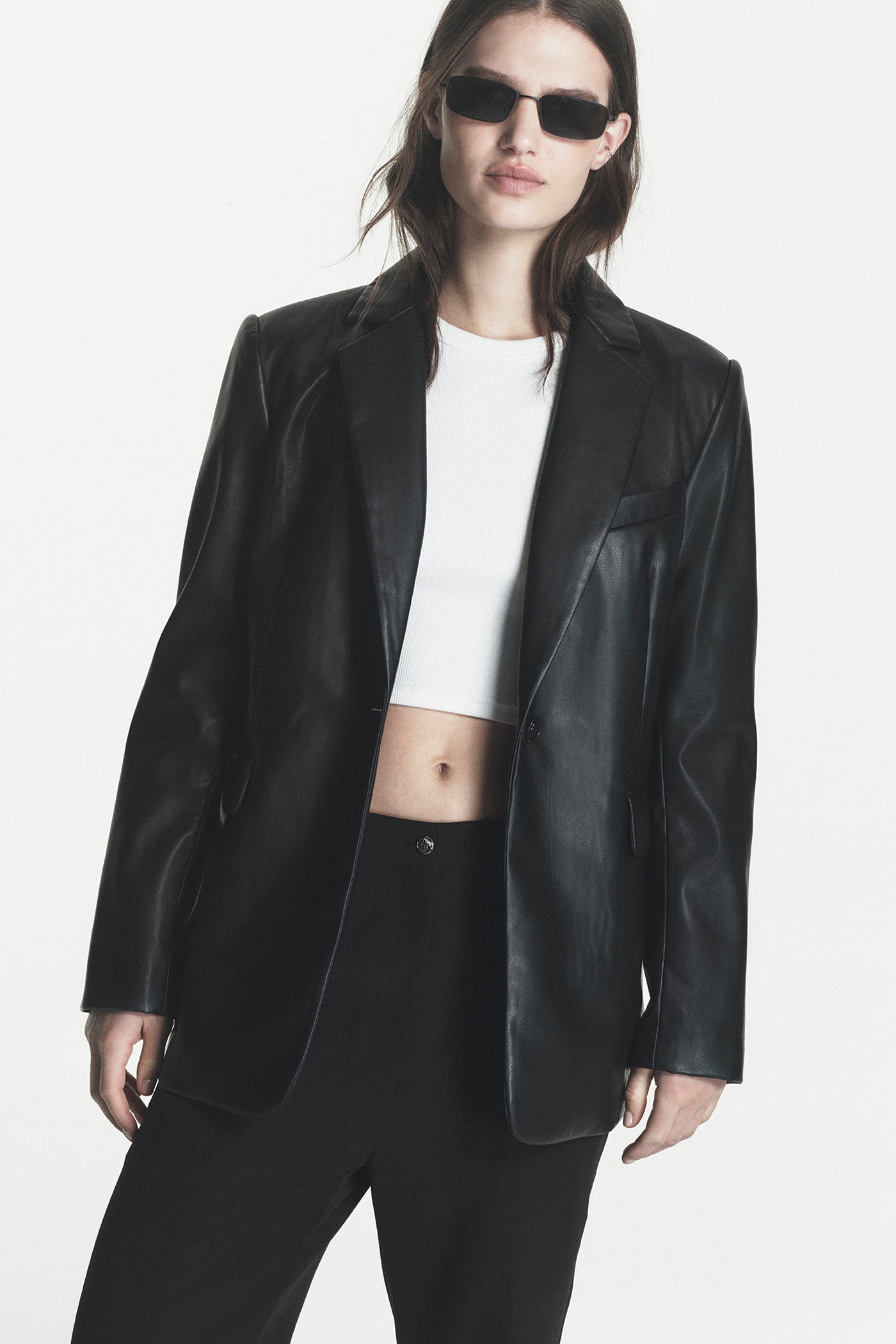 Faux Leather One-Button Blazer