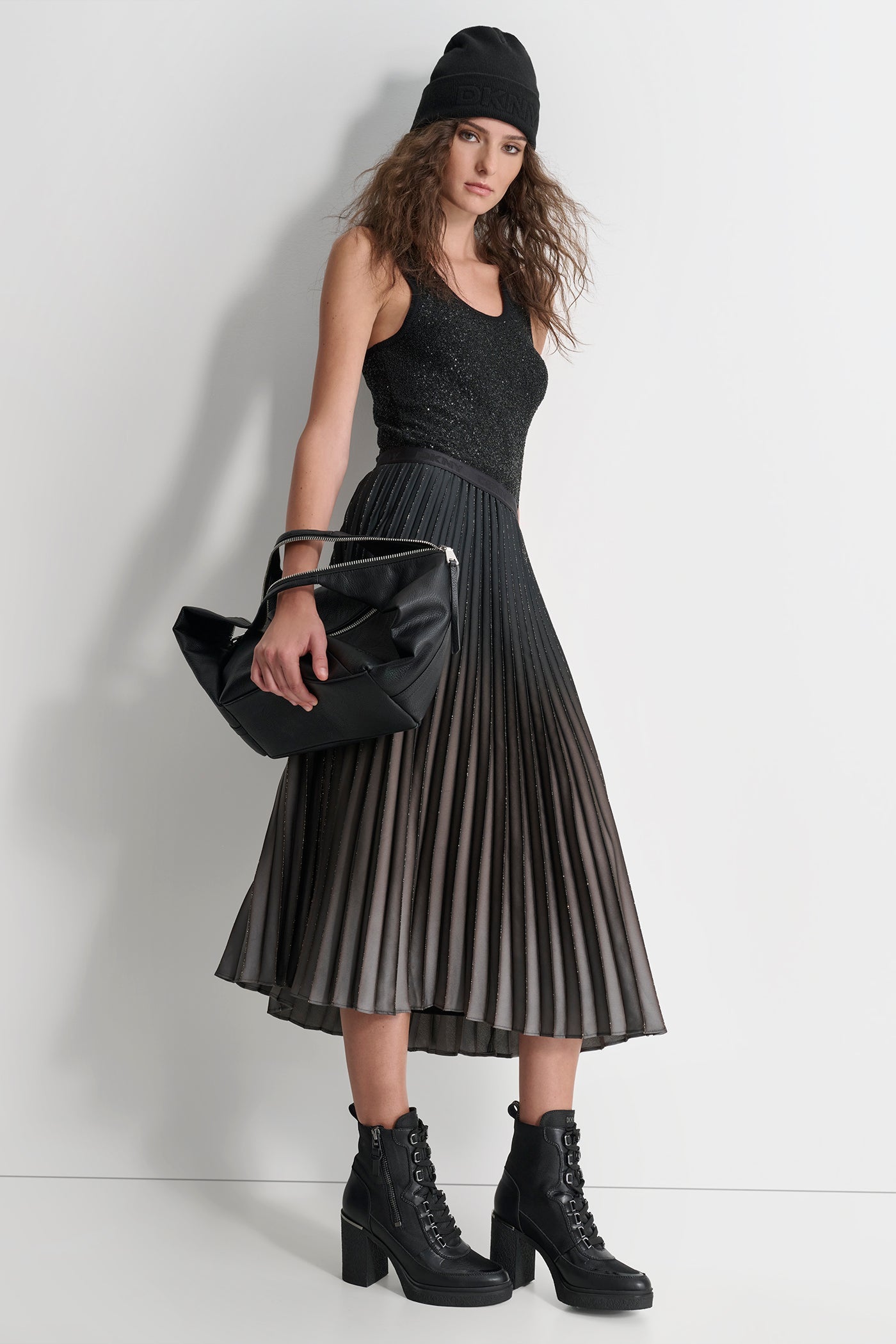 PLEATED FOILED OMBRE MIDI SKIRT