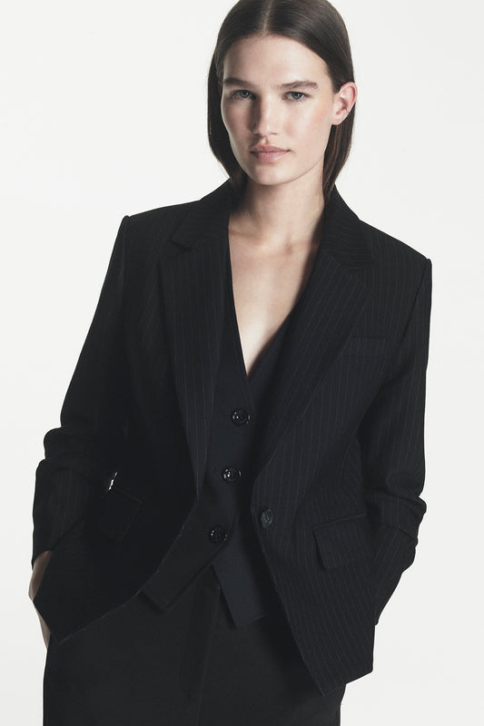 Pinstripe Ruched-Sleeve Blazer