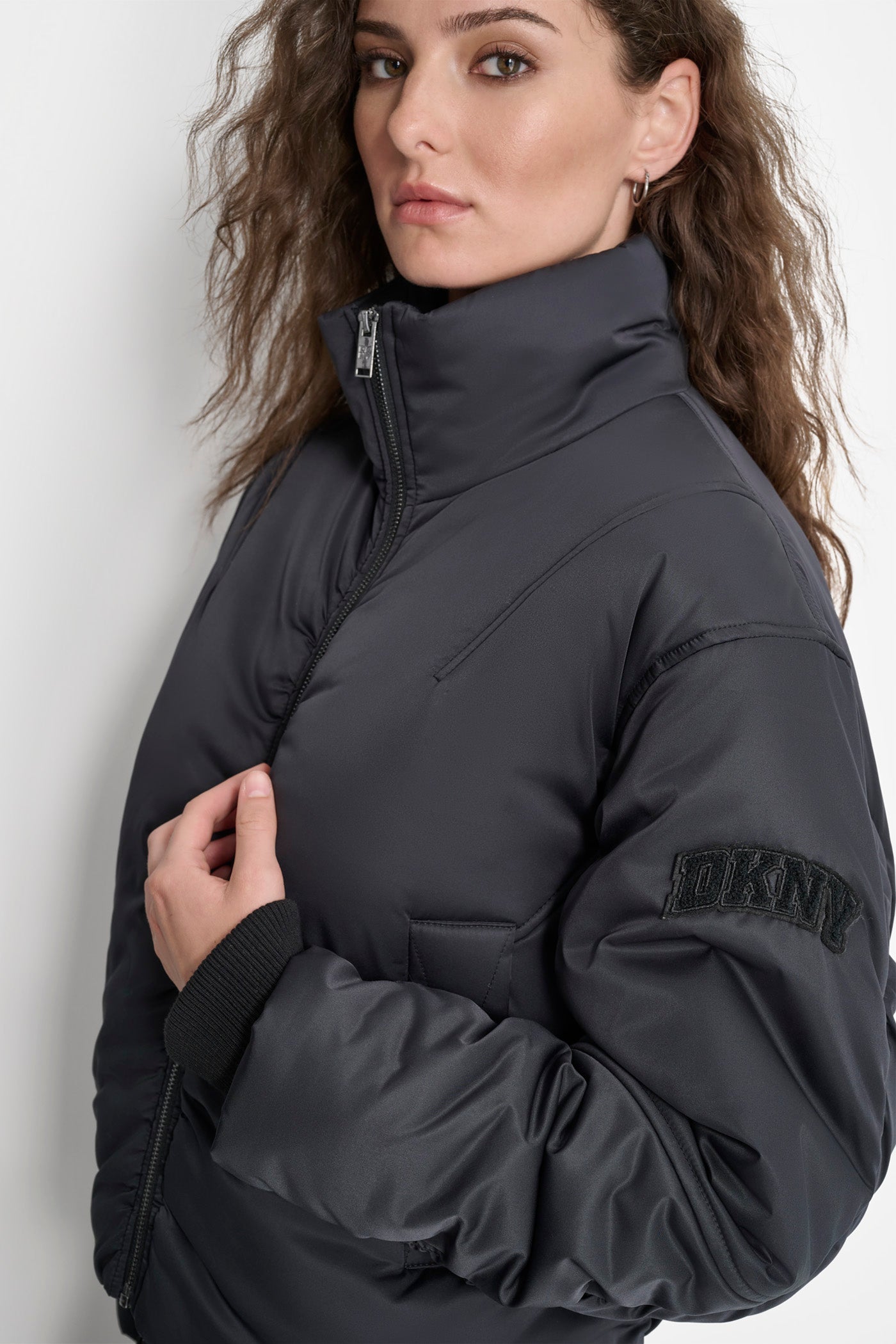 LONG SLEEVE COATED SATIN PUFFER BOMBER