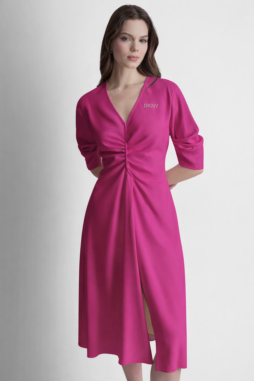 فستان XLV بأكمام مكشكشة بطول 3/4 بفتحة رقبة V