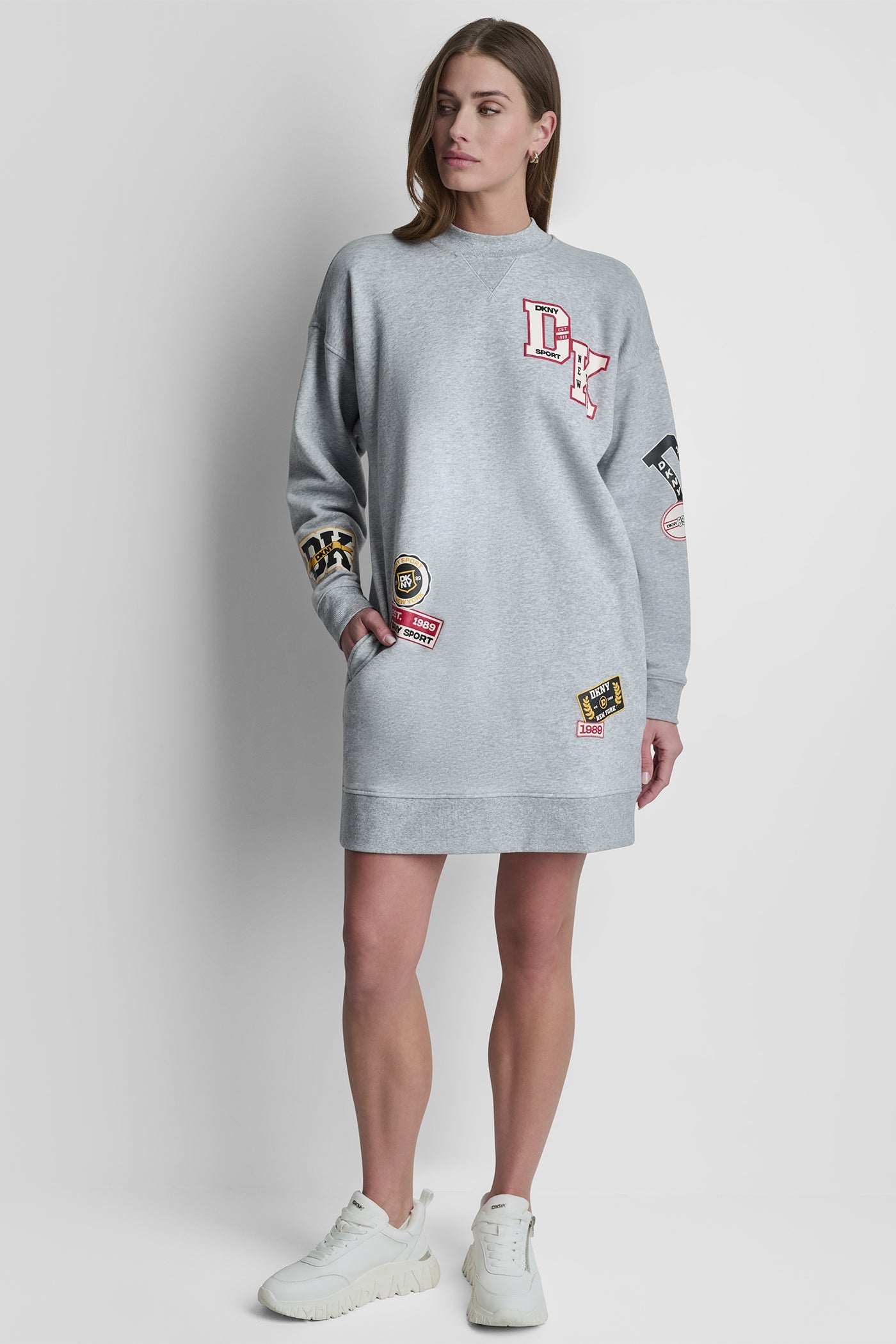 COTTON-BLEND LONG SLEEVE CAMPUS MINI DRESS