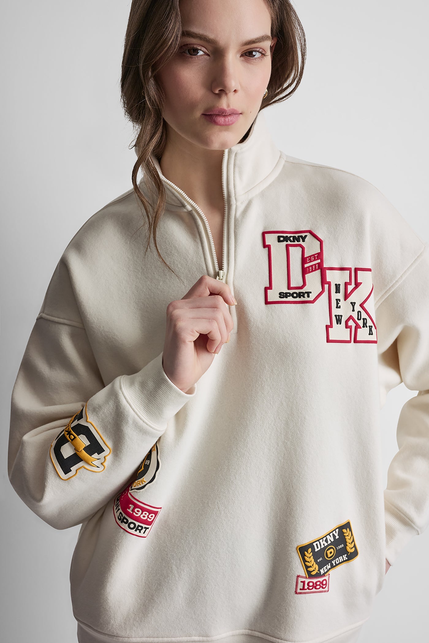 OVERSIZED COTTON-BLEND CAMPUS PATCH QUARTER-ZIP SWEATSHIRT