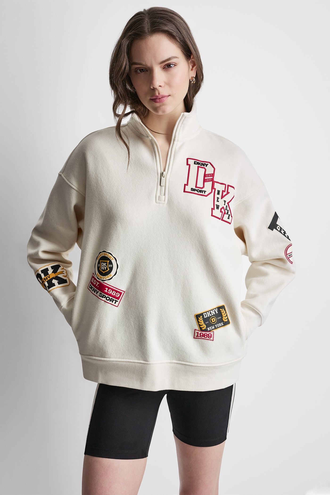 OVERSIZED COTTON-BLEND CAMPUS PATCH QUARTER-ZIP SWEATSHIRT