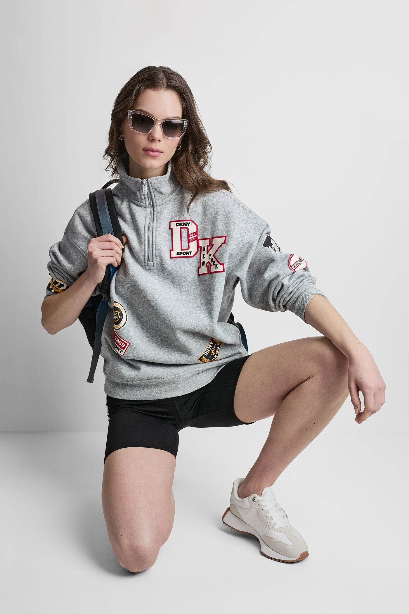 OVERSIZED COTTON-BLEND CAMPUS PATCH QUARTER-ZIP SWEATSHIRT