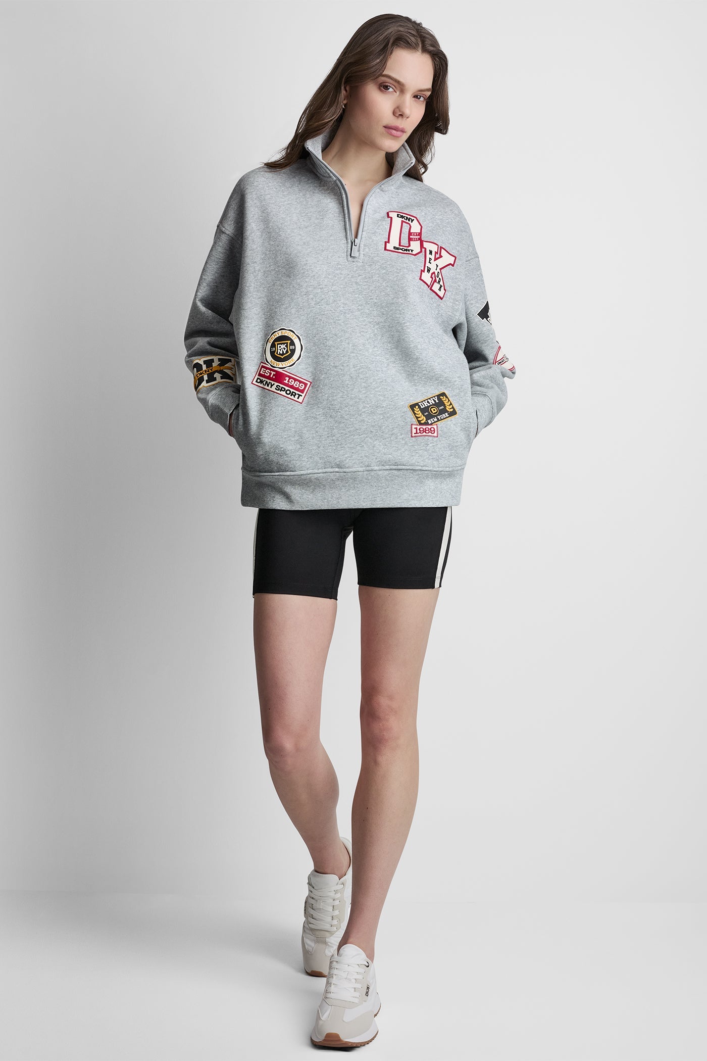 OVERSIZED COTTON-BLEND CAMPUS PATCH QUARTER-ZIP SWEATSHIRT