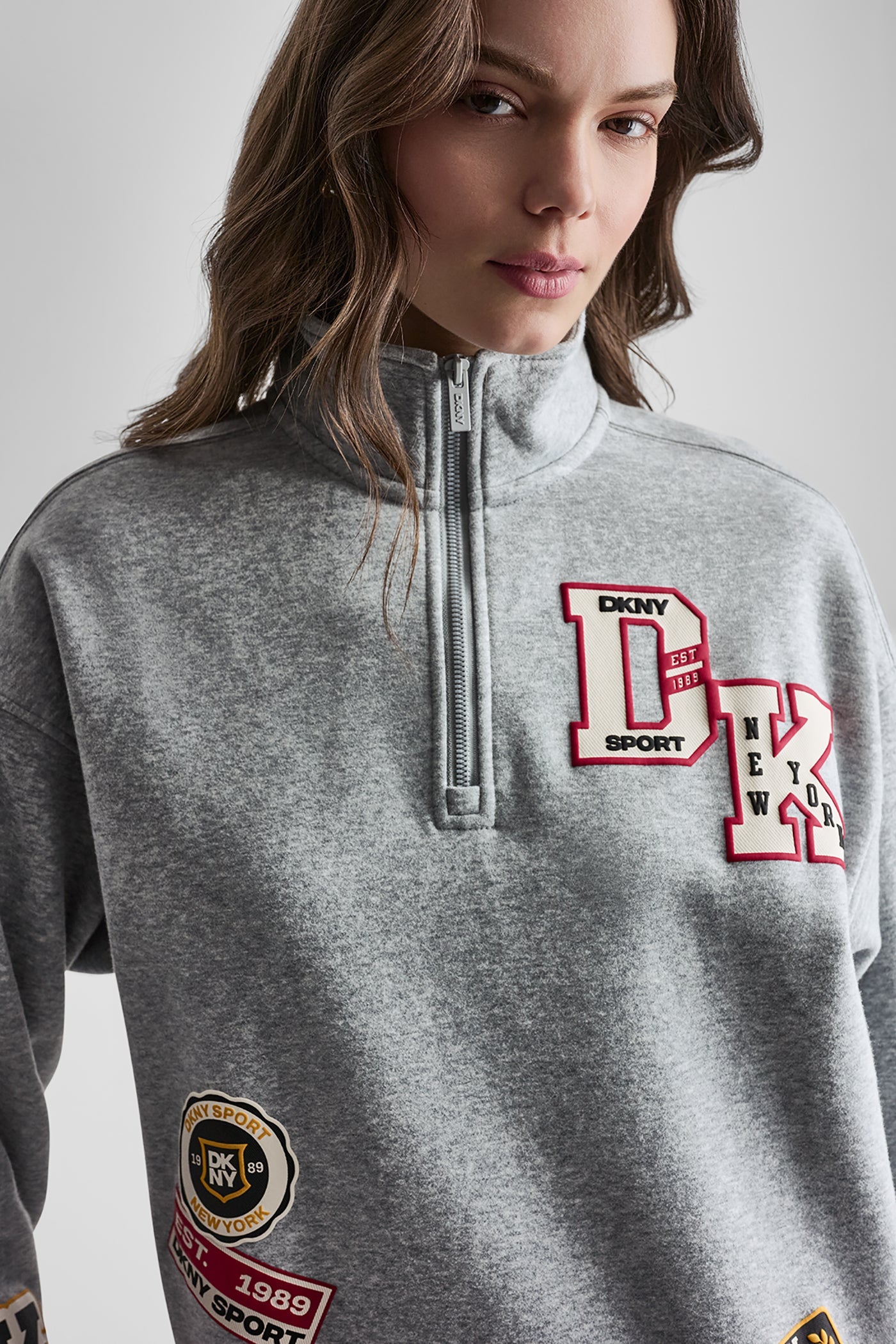 OVERSIZED COTTON-BLEND CAMPUS PATCH QUARTER-ZIP SWEATSHIRT