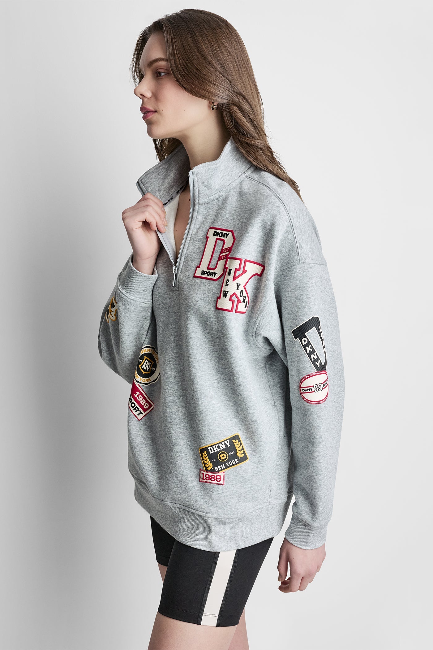 OVERSIZED COTTON-BLEND CAMPUS PATCH QUARTER-ZIP SWEATSHIRT