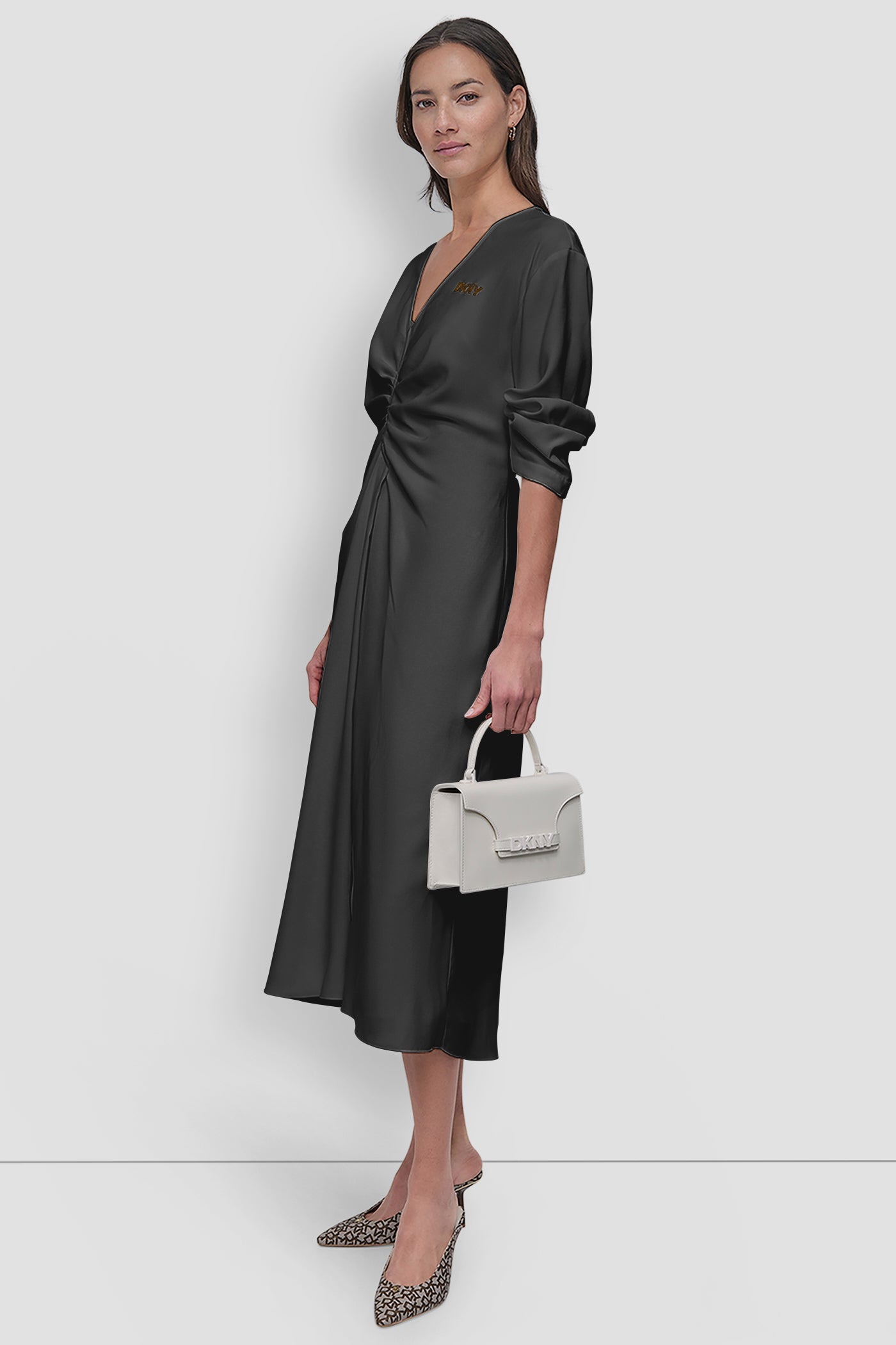 3/4 SLEEVE V NECK RUCHED MIDI DRESS