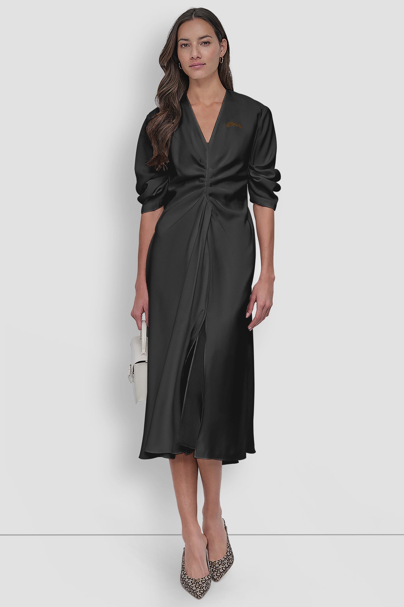 3/4 SLEEVE V NECK RUCHED MIDI DRESS