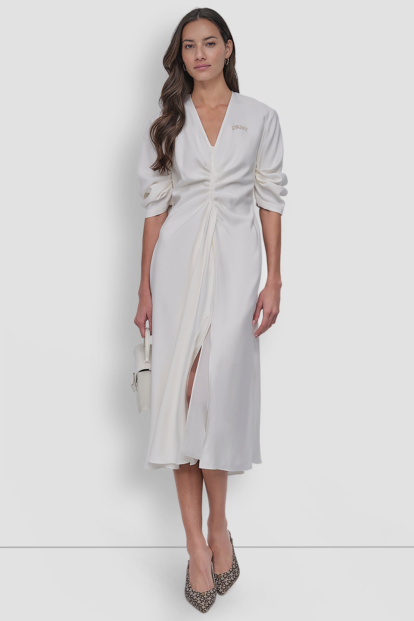 3/4 SLEEVE V NECK RUCHED MIDI DRESS