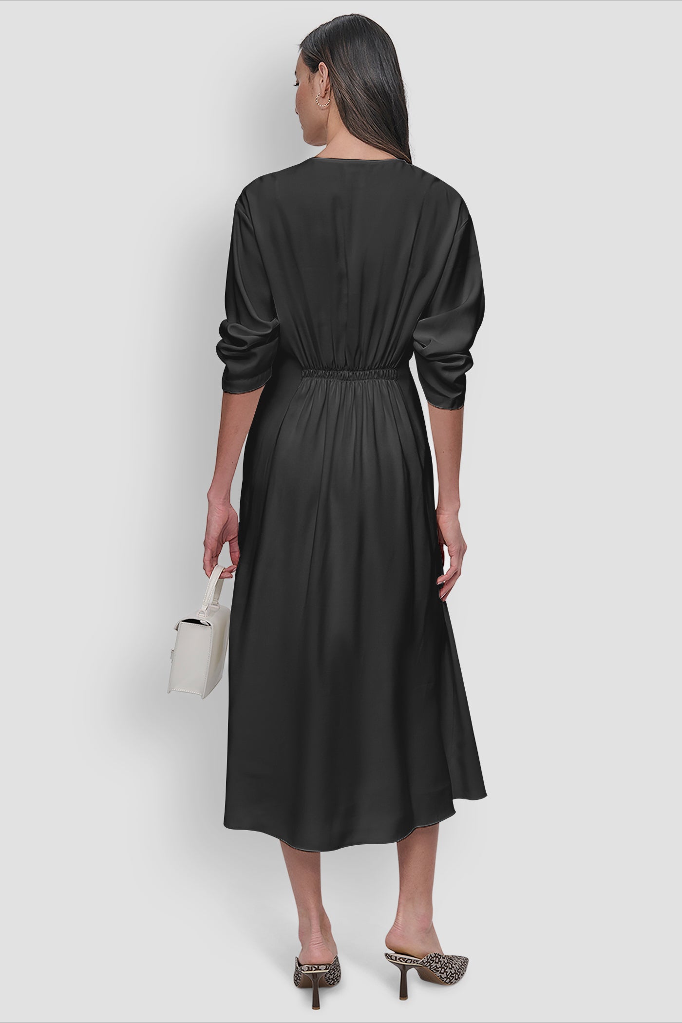 3/4 SLEEVE V NECK RUCHED MIDI DRESS