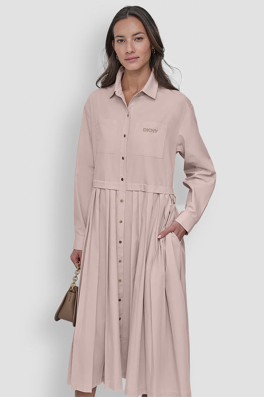 LONG SLEEVE BUTTON DOWN DRESS WITH PLEATS