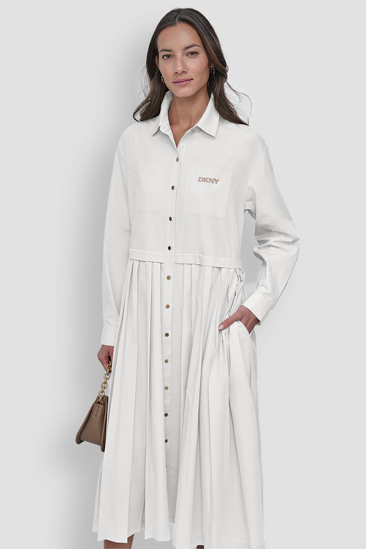 LONG SLEEVE BUTTON DOWN DRESS WITH PLEATS