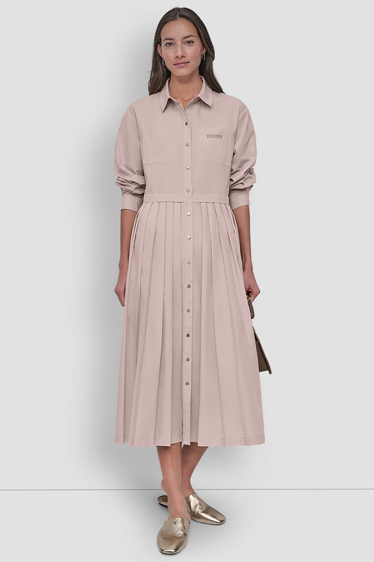 LONG SLEEVE BUTTON DOWN DRESS WITH PLEATS