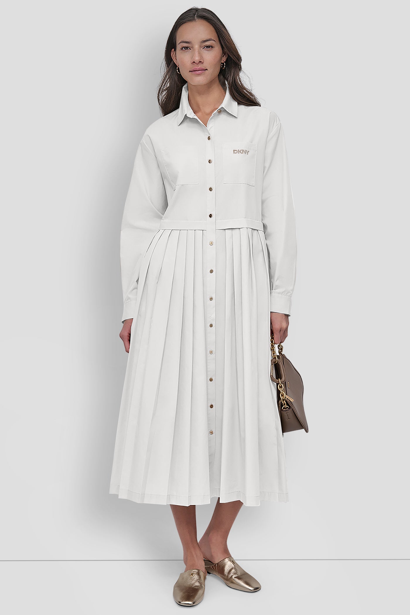 LONG SLEEVE BUTTON DOWN DRESS WITH PLEATS