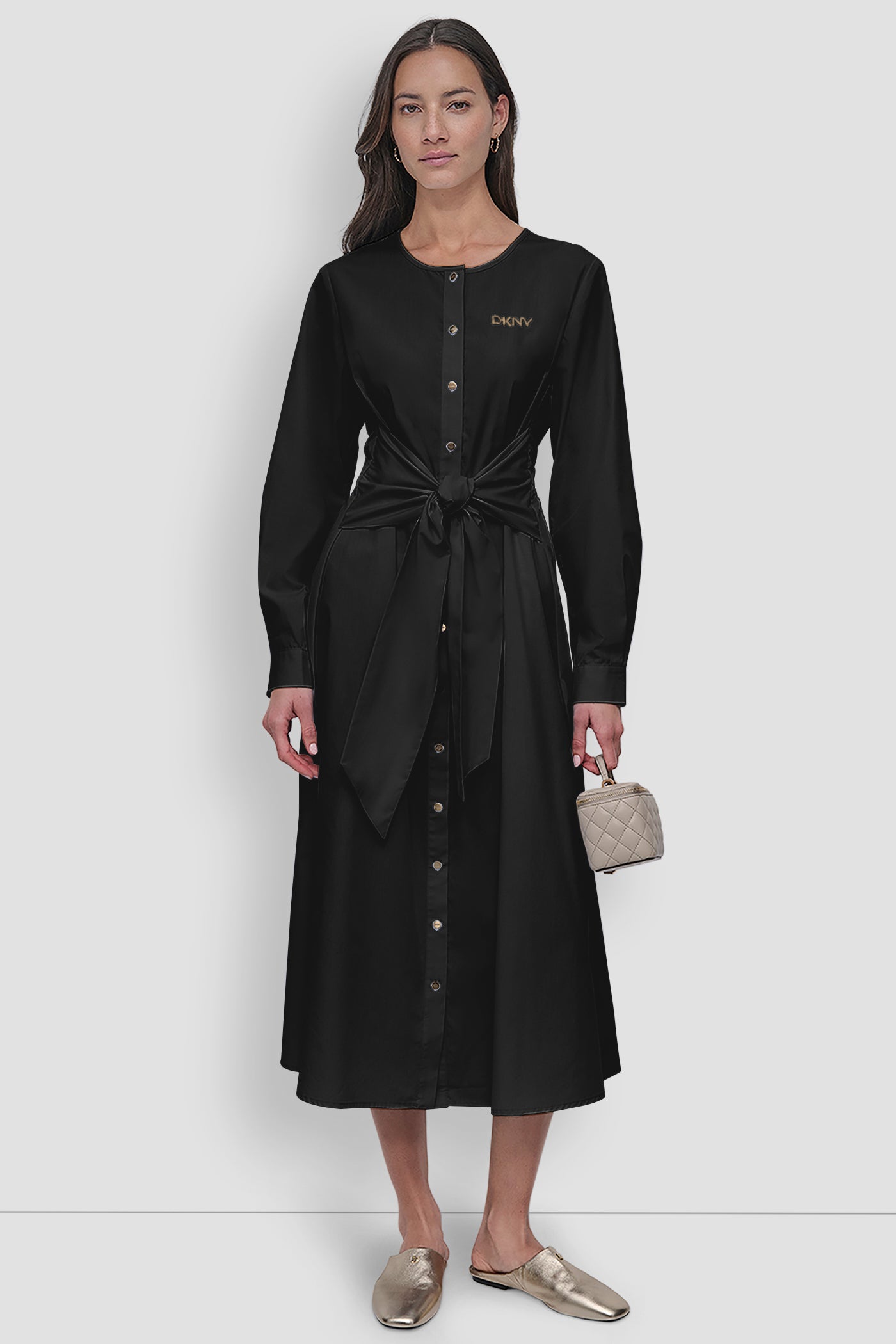 LONG SLEEVE TIE FRONT MIDI DRESS