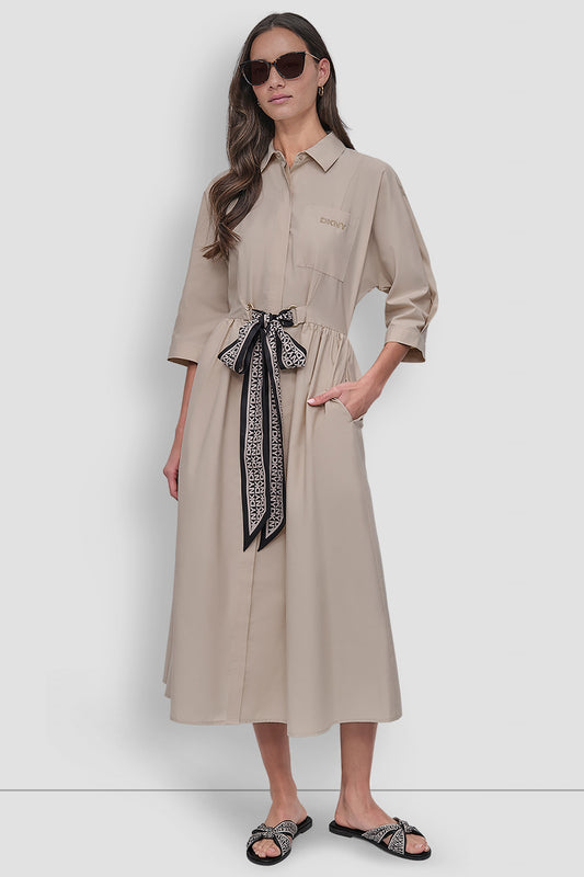 LONG SLEEVE BUTTON DOWN DRESS WITH PLEATS