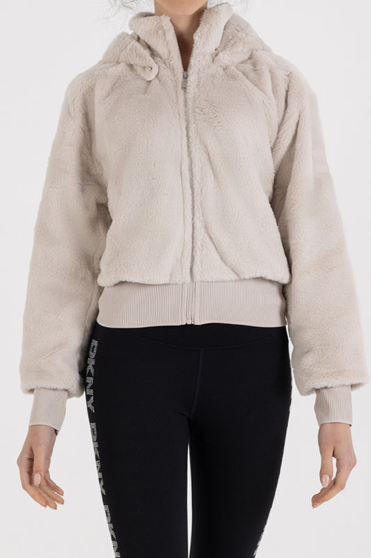 LONG SLEEVE FULL ZIP FUR BOMBER WITH REMOVABLE HOOD