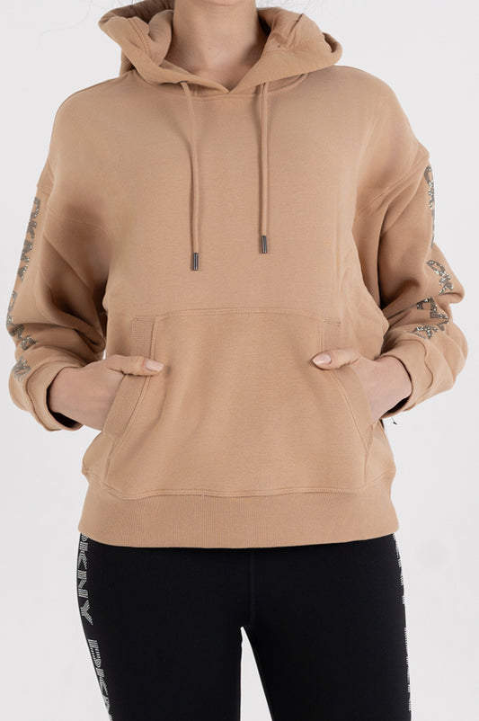 LONG SLEEVE CREW NECK RHINESTONE LOGO HOODIE WITH KANGA POCKET