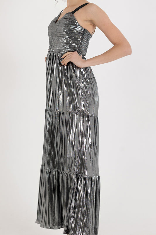 SLEEVELESS FOIL PLISMALL SLEEVEE MAXI DRESS