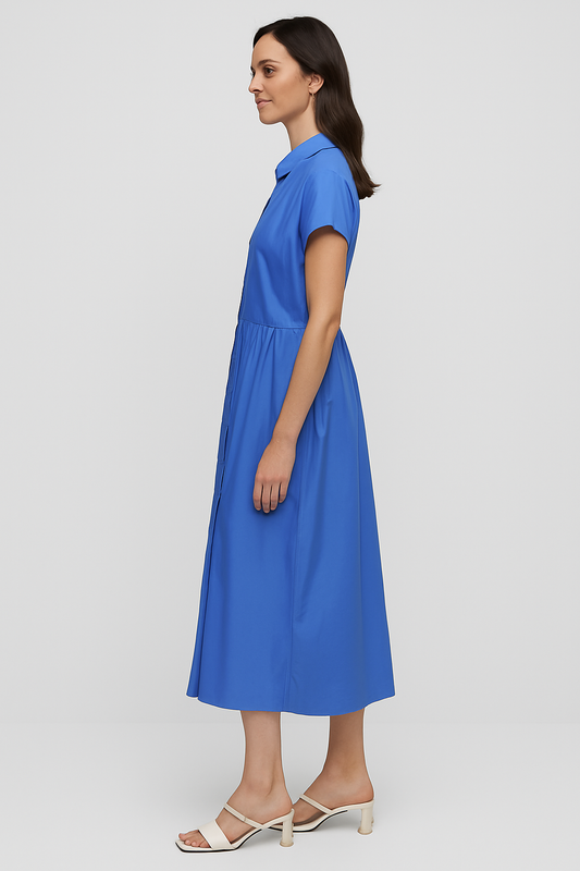 SHORT-SLEEVED BUTTON DOWN A-LINE DRESS