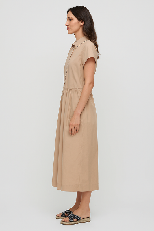 SHORT-SLEEVED BUTTON DOWN A-LINE DRESS