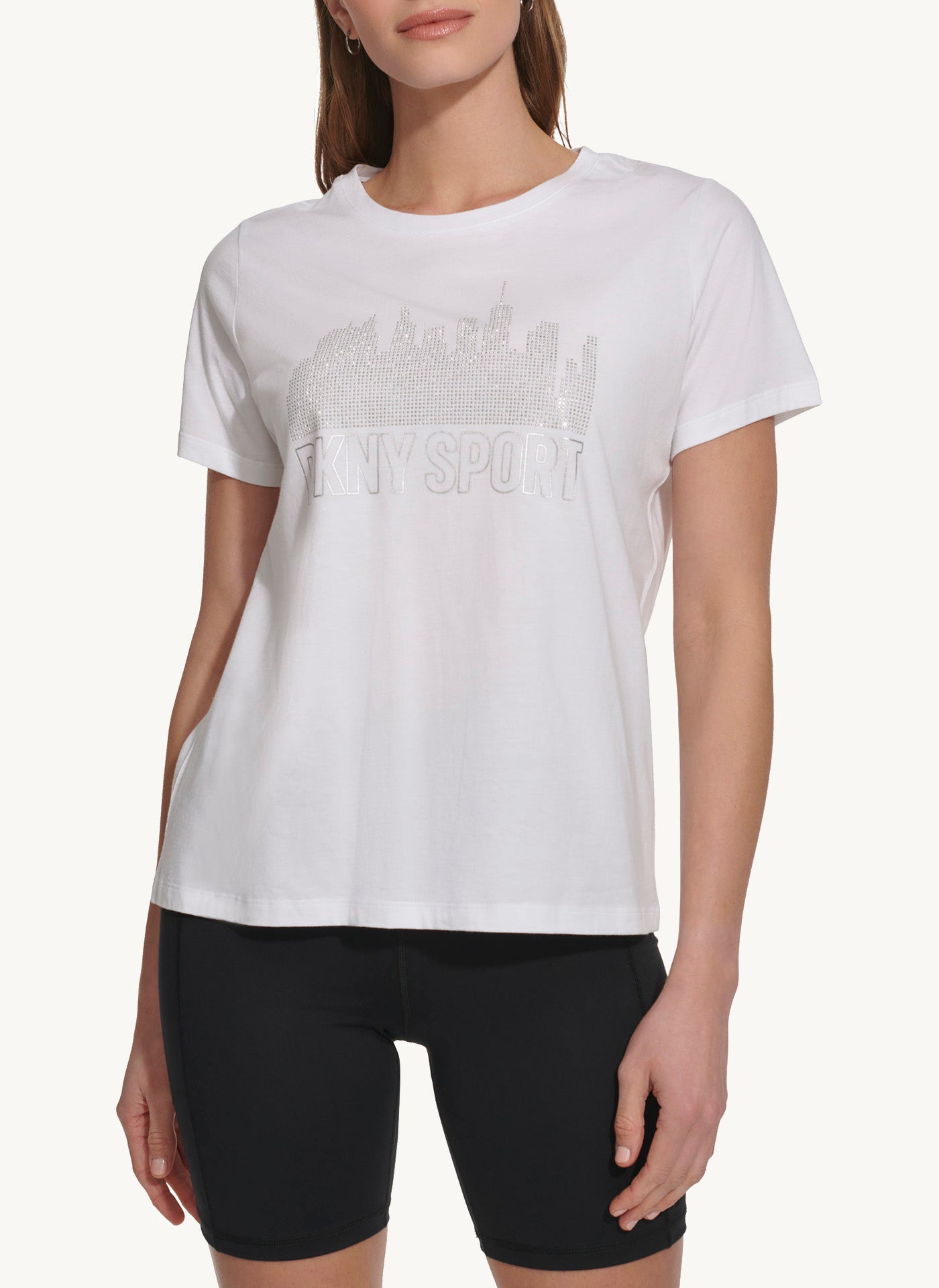 Small Sleeve Crew Neck T-Shirt With Rhinestone Logo