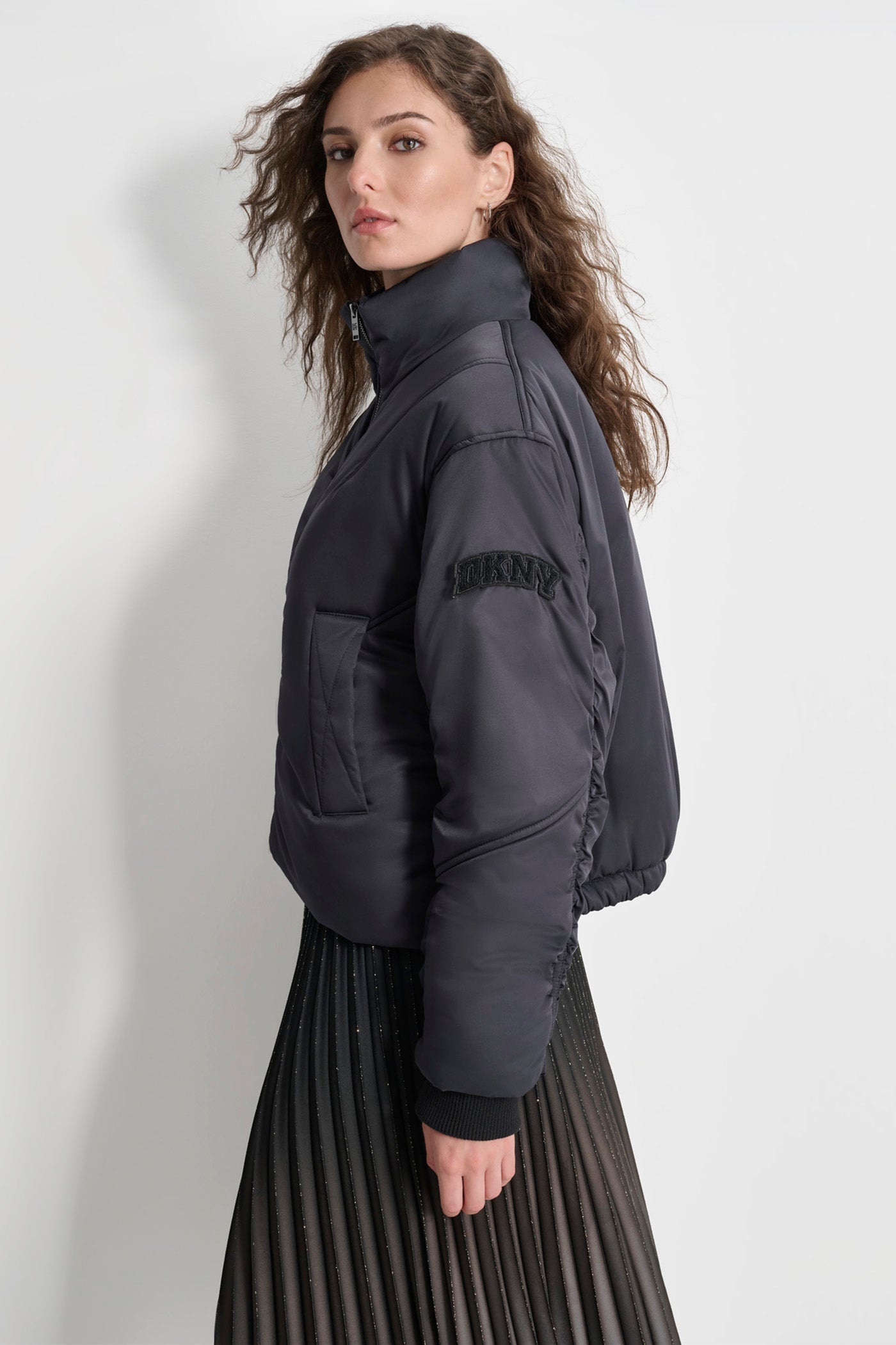 LONG SLEEVE COATED SATIN PUFFER BOMBER