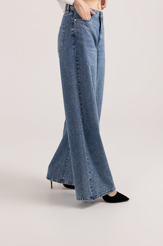 HIGH RISE WIDE LEG PANT WITH RHINESTONE