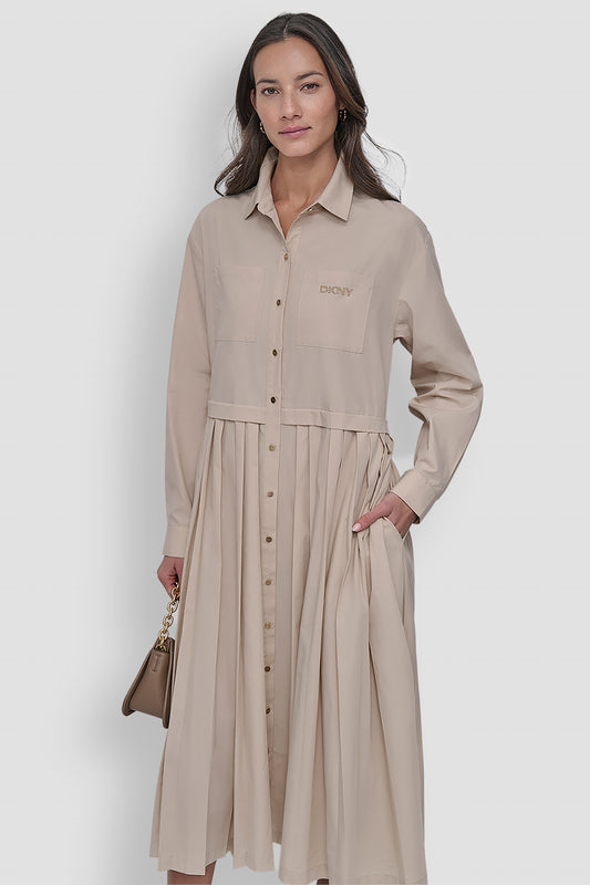 LONG SLEEVE BUTTON DOWN DRESS WITH PLEATS